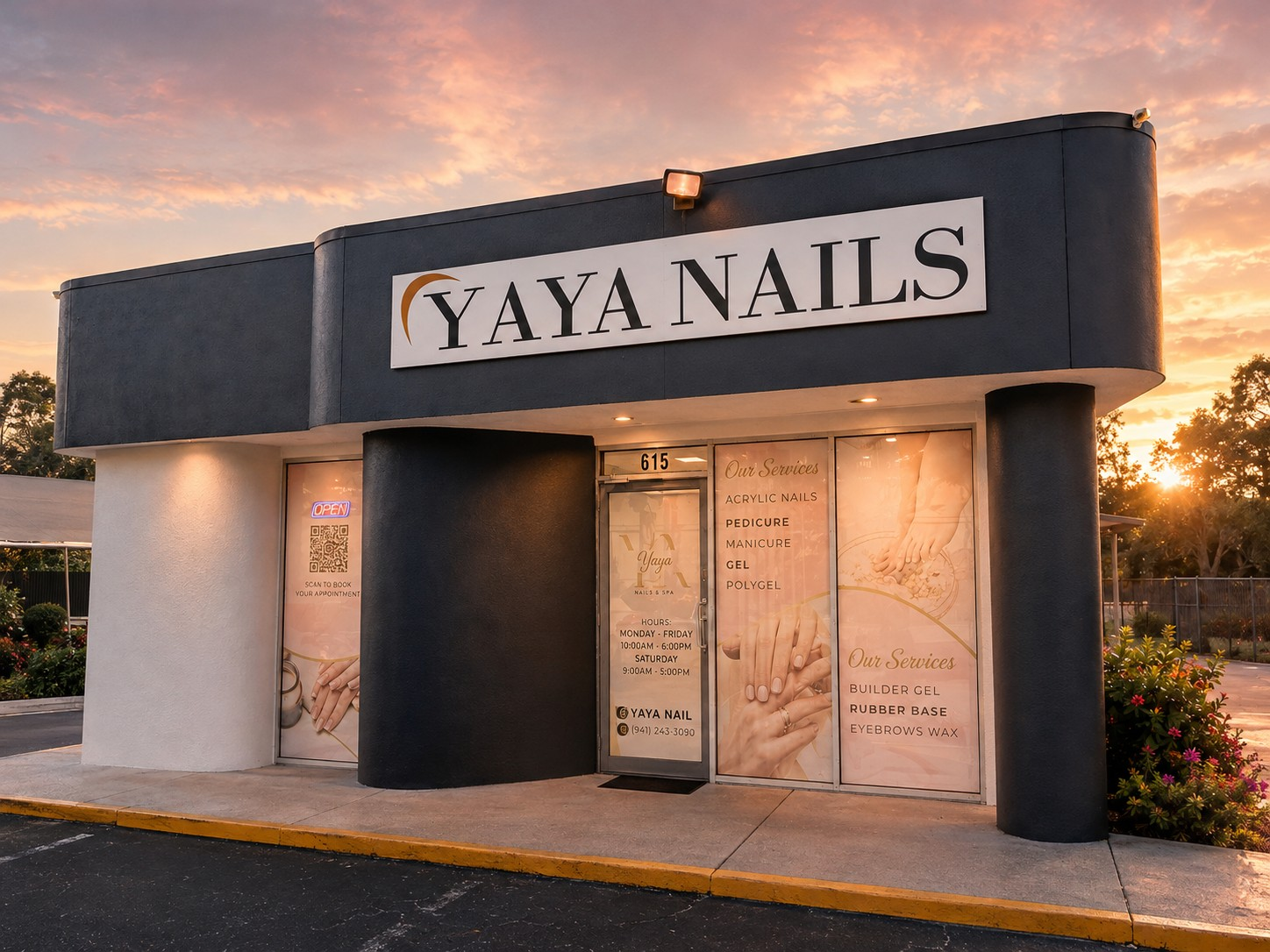 The Yaya Nails storefront in Bradenton at sunset, its sign with the gold crescent above the door