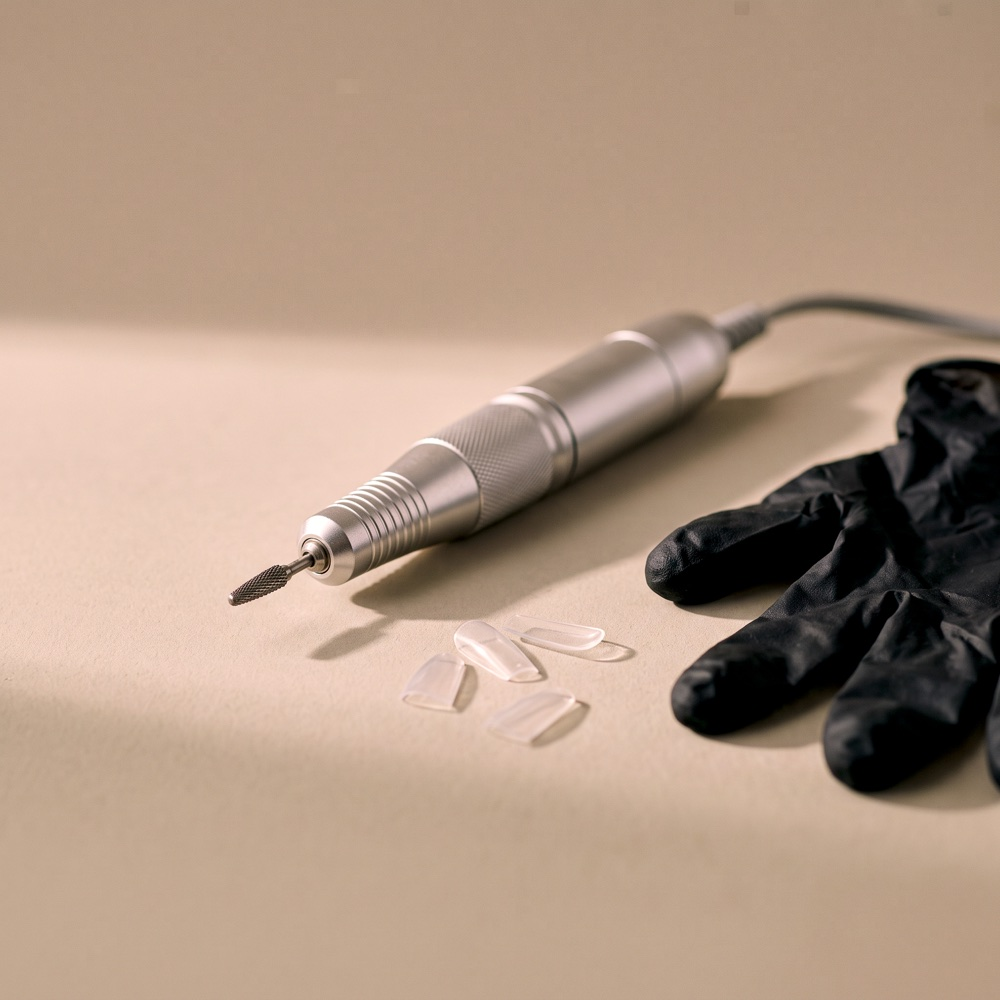 A nail e-file with a bit, beside a few tips and a black glove