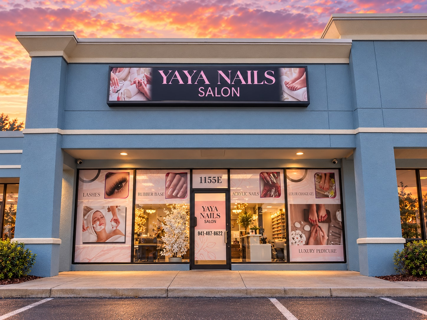 The Yaya Nails Salon storefront in Sarasota at dusk, its sign lit above the windows